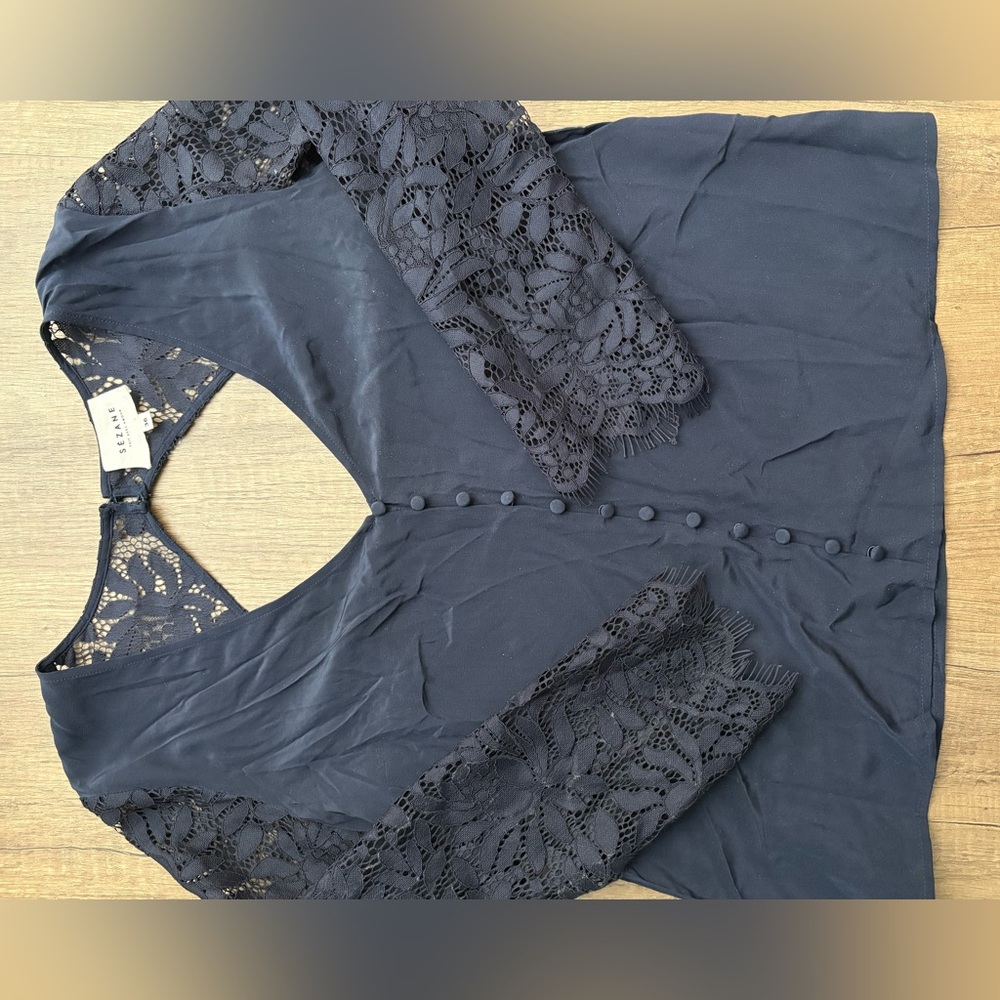 Sezane Navy Lace and Silk Top